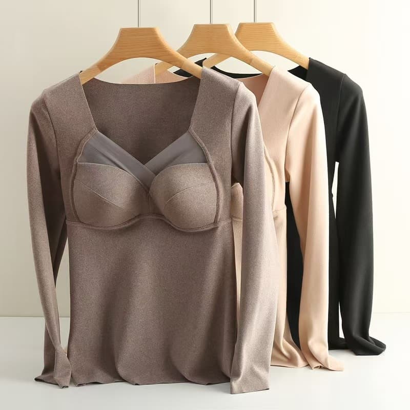 Women's thermal underwear, fleece-lined, thickened base layer, low-cut winter top with padded bra, extra warm.