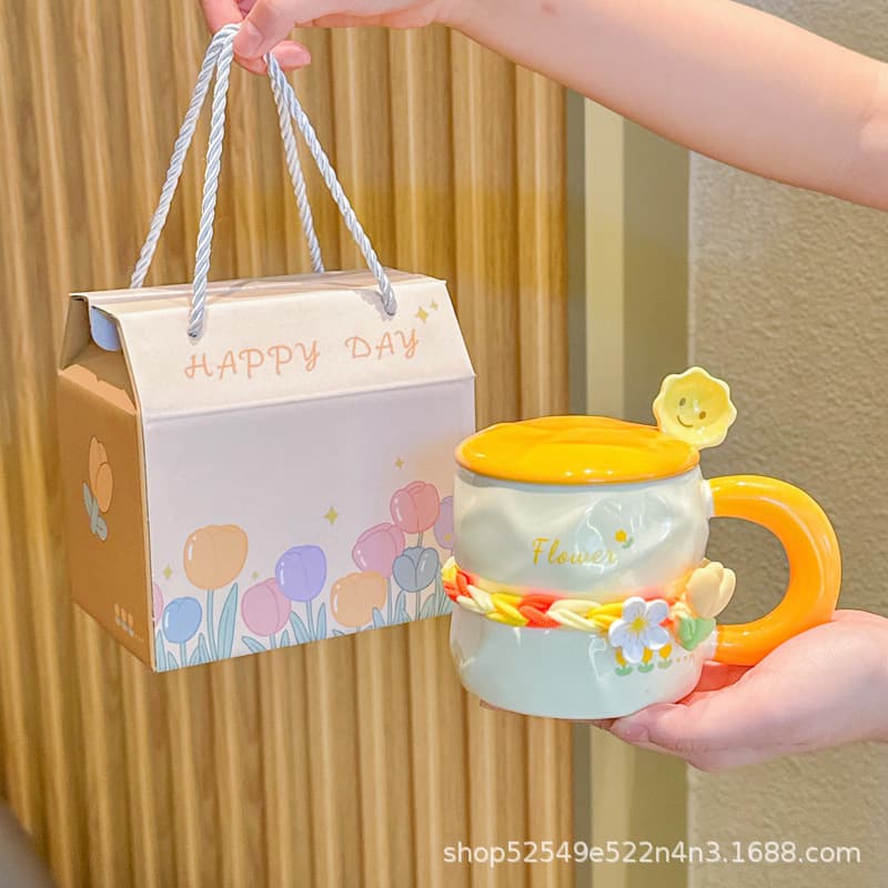 Creative Tulip Mug with Lid and Spoon, Elegant Ceramic Cup for Women, Floral High-Aesthetic Cute Home Water Cup