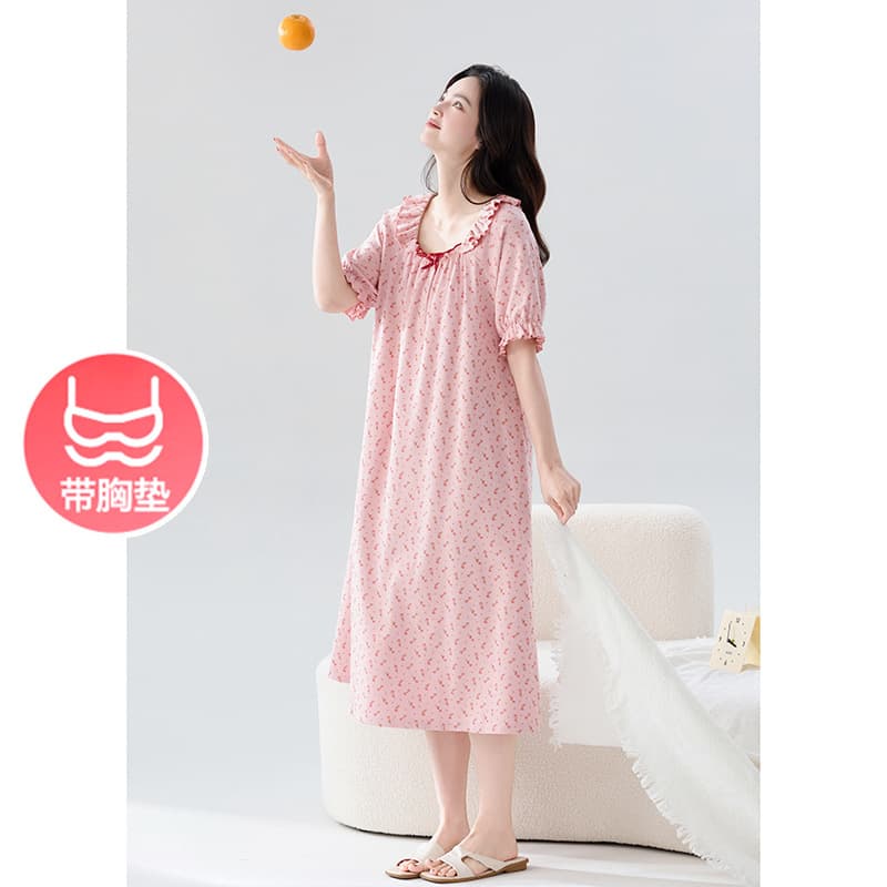 Lushi 7A Antibacterial Sleep Dress with Padded Bra, Women's Cotton Short Sleeve Loose Nightgown, Summer Homewear