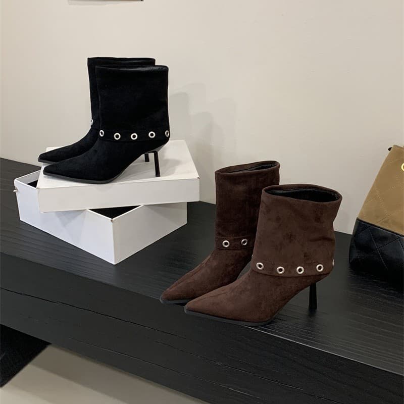 [Excluding Tax] 2026 Autumn/Winter New European and American Thin Heel High Heel Rivet Short Boots Women's Boots Size 35-40