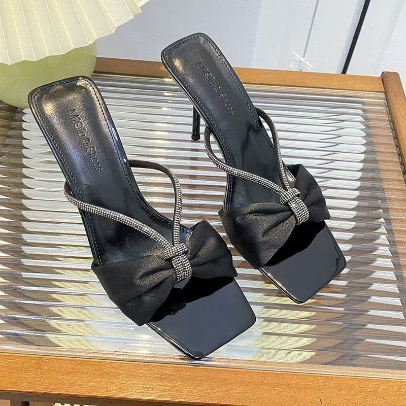 Women's High Heels Spring/Summer 2025 Rhinestone Bow One-Strap Non-Fatigue Barely There Nude Thin Heel Square Toe Mules