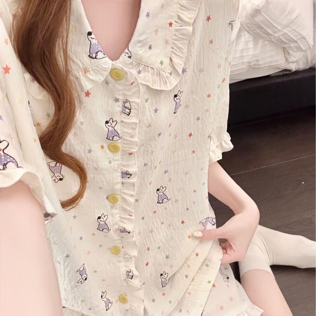 2026 Bestseller Pajama Set for Women, Summer New Lace Trim Cloud Cotton Notched Collar Set, Fairy Style Wear-Out Homewear