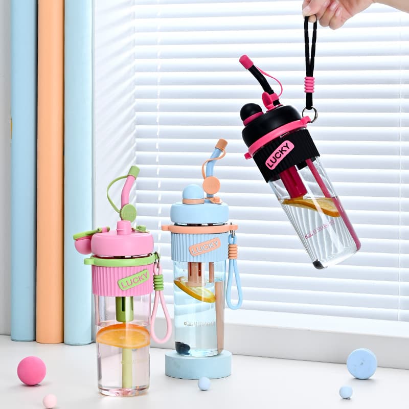 Dual-Drink Plastic Water Bottles for Women, Portable High-Capacity Outdoor Tea Cups with Silicone Handle