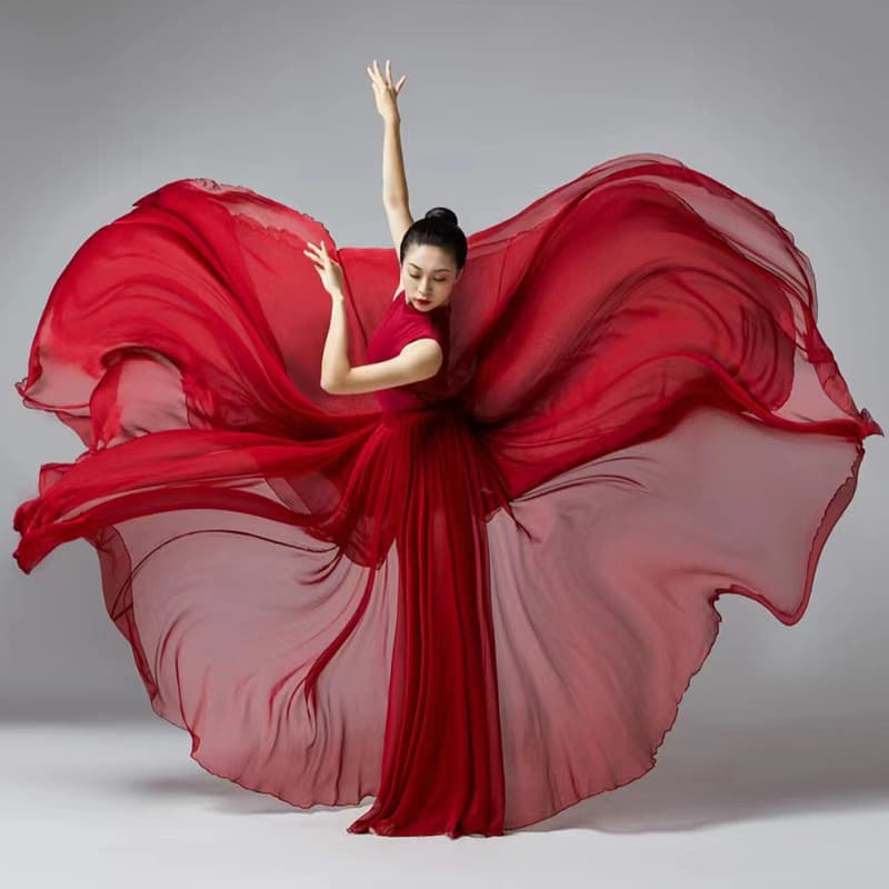 720-Degree Classical Dance Dress Women Flowing Wide Hem Double-Layer Chiffon Skirt Red White Xinjiang Square Dance Costume