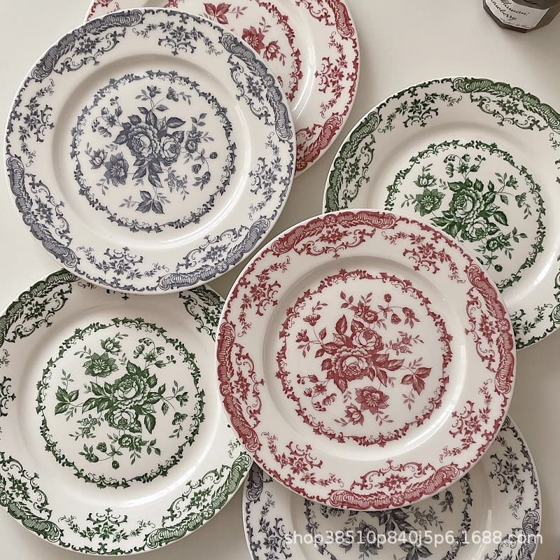 French Plate Shallow Plate Vintage Rose Breakfast Plate Western Plate Cake Dessert Plate Premium Flat Plate