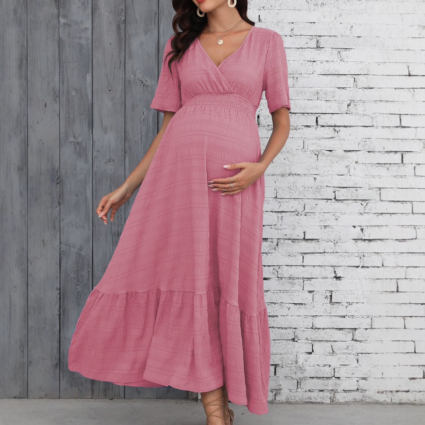 Maternity Dress V-Neck Waist Cinching Long Dress Skin-Friendly A-Line Dress Daily Wear Slimming Maternity Dress