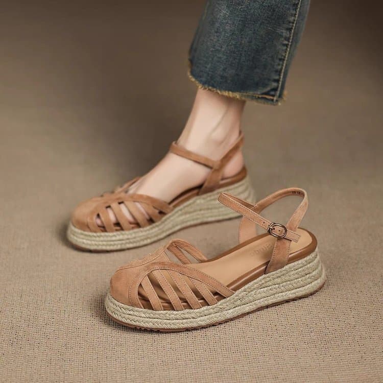 Cross-Border Summer New Trendy Wedge Woven Roman Sandals, Thick Sole Fashion Retro Sandals for Women with Dresses