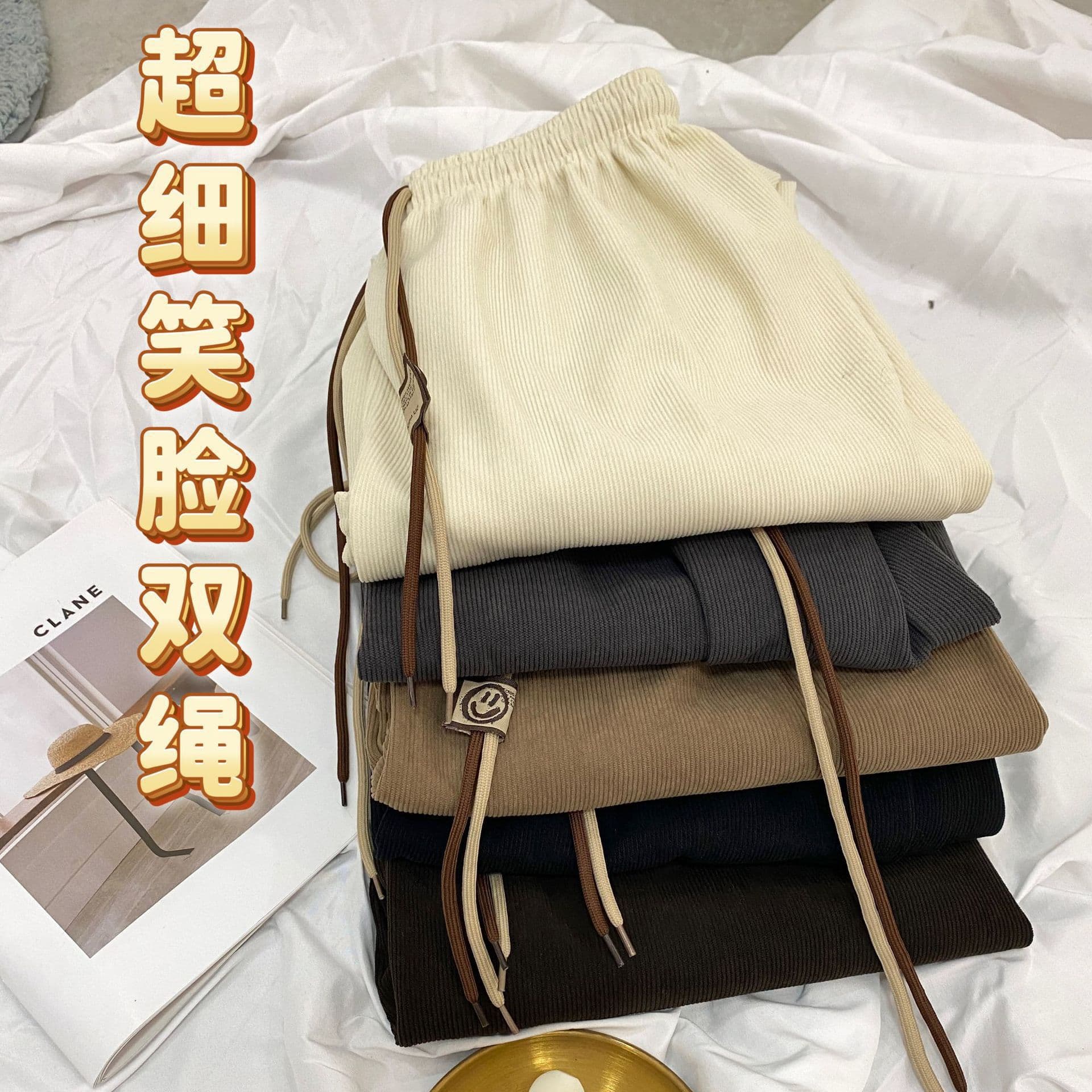 Ultra-fine Smile Corduroy Wide-leg Pants for Women Spring New Drawstring Draped Long Pants Thin Straight Casual Trousers