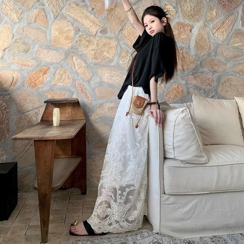 Girly style lace skirt 2025 summer and autumn new women's high waist slimming solid color skirt long skirt