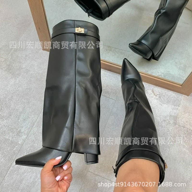 New Export Lock Buckle Trousers Boots Knight Boots Mid-calf Boots High Heel Chunky Heel Round Toe Plus Size Women's Shoes Long Boots High Boots