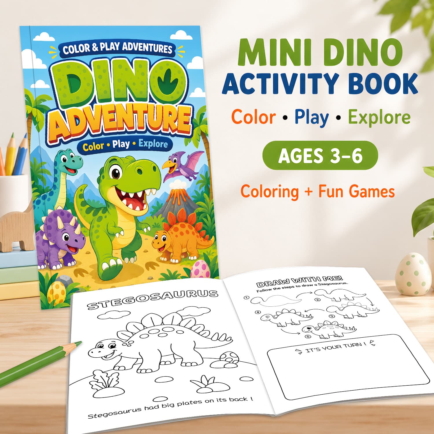 Cross-border Children's Dinosaur Coloring Activity Book Ages 3-6 English Educational Game Drawing Book Saddle Stitch Multi-Theme