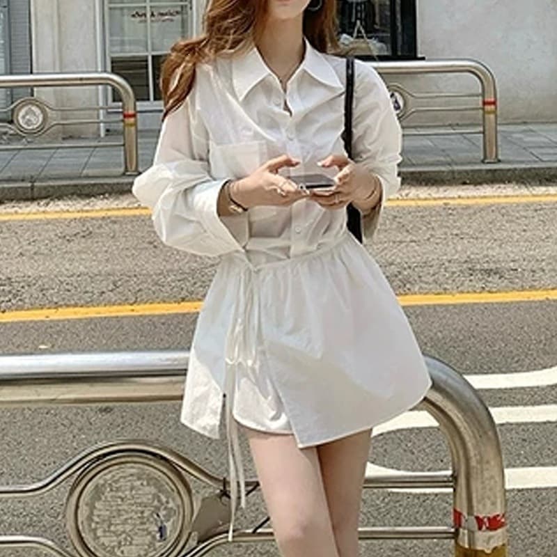 Korean Style White Shirt Dress for Women, Turn-Down Collar, Long Sleeve, Single-Breasted, Drawstring Waist, Loose Fit, Slimming Casual Shirt Dress