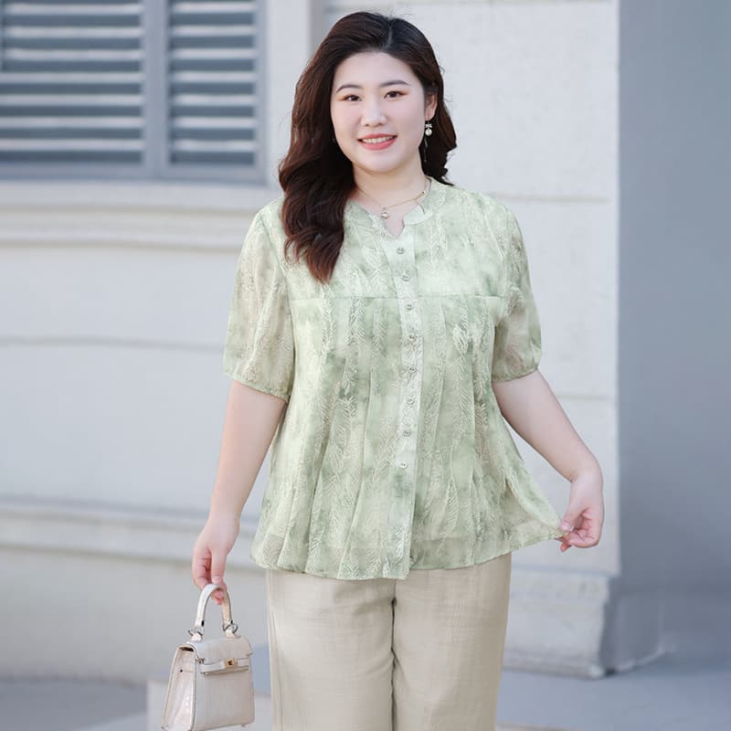 Summer new ice silk soft chiffon short sleeve plus-size T-shirt for women, stylish floral print shirt top lightweight breathable blouse.