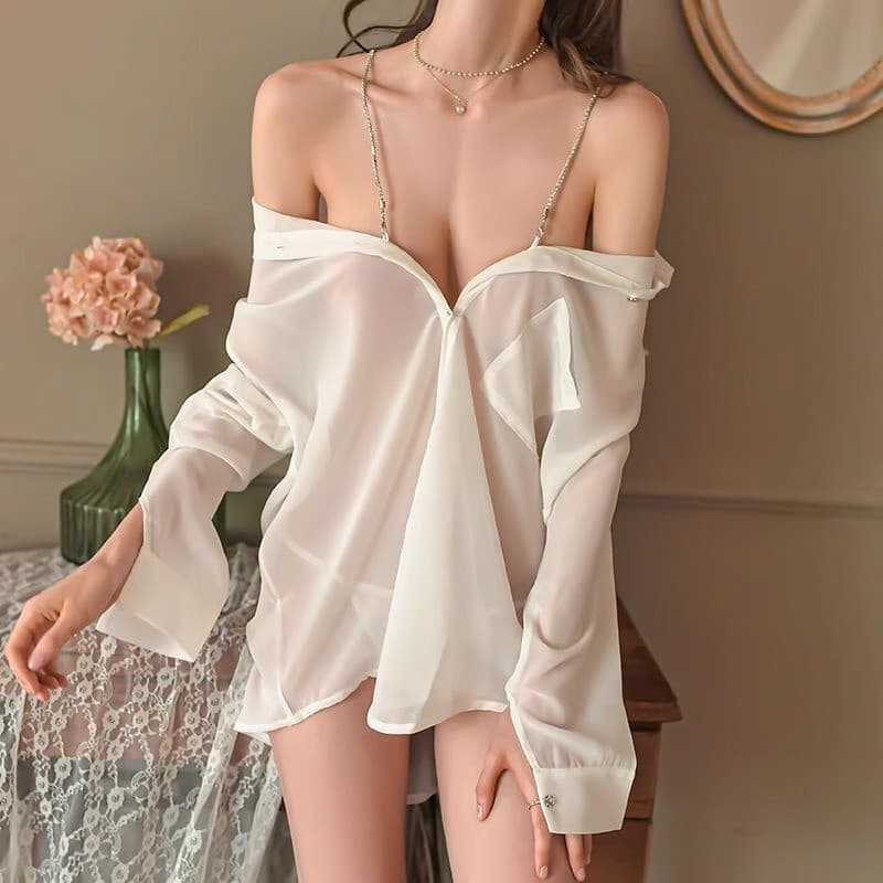 Sexy Lingerie for Women, Suspender Dress, Boyfriend-Style White Shirt, Off-Shoulder See-Through Pajama Set, Seductive and Flirty