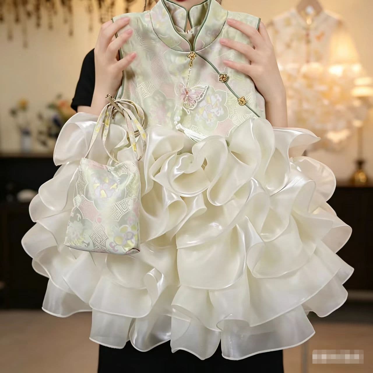 Girls' Chinese Style Dress, Gorgeous 2026 Summer New Arrival, Premium Green Vest Dress with Tulle Tutu Skirt