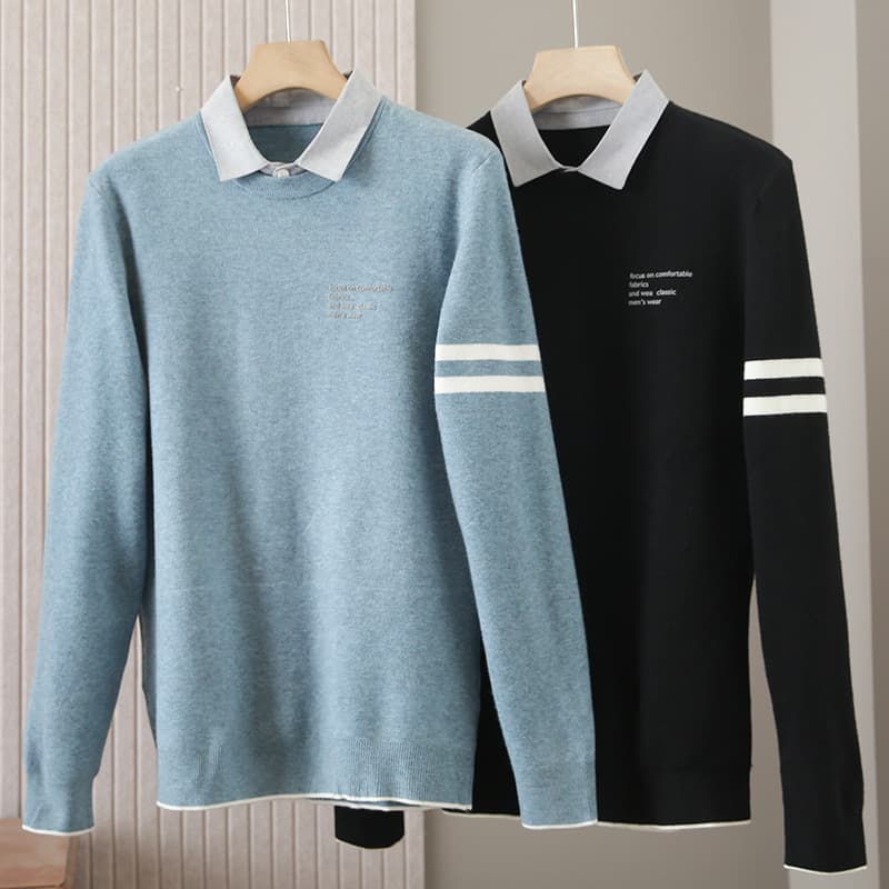 Clearance Cut Label Layered Look Knitwear Men's Autumn and Winter Warm Fashion Double Collar Youth Base Layer Sweater L8M254