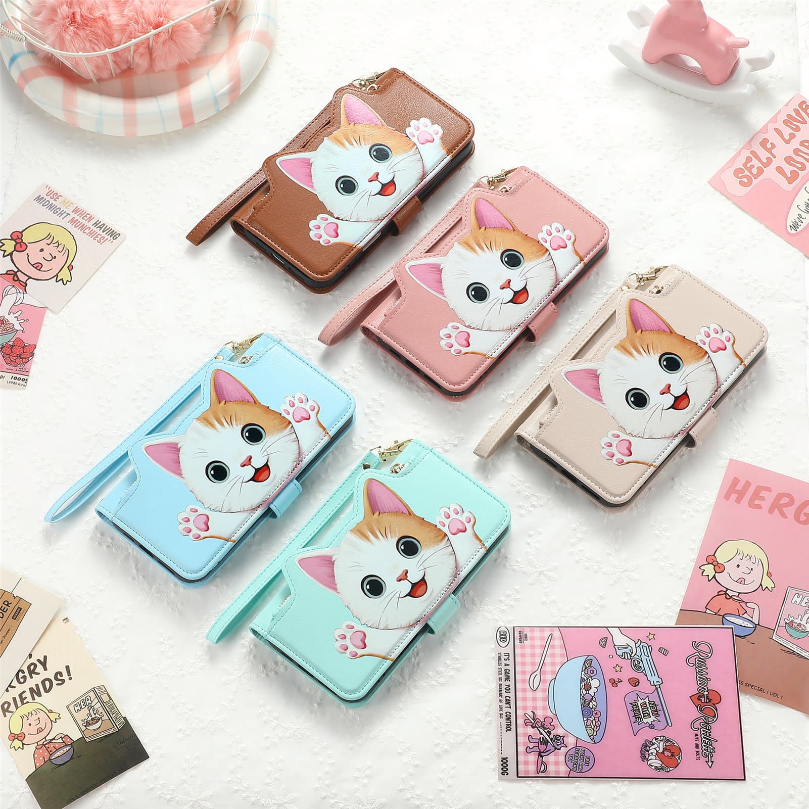 Cartoon Cat-Themed iPhone 18 Phone Case with Large Storage Capacity and Lanyard, Suitable for Apple 17 Flip Cover and 15 Phone Leather Case