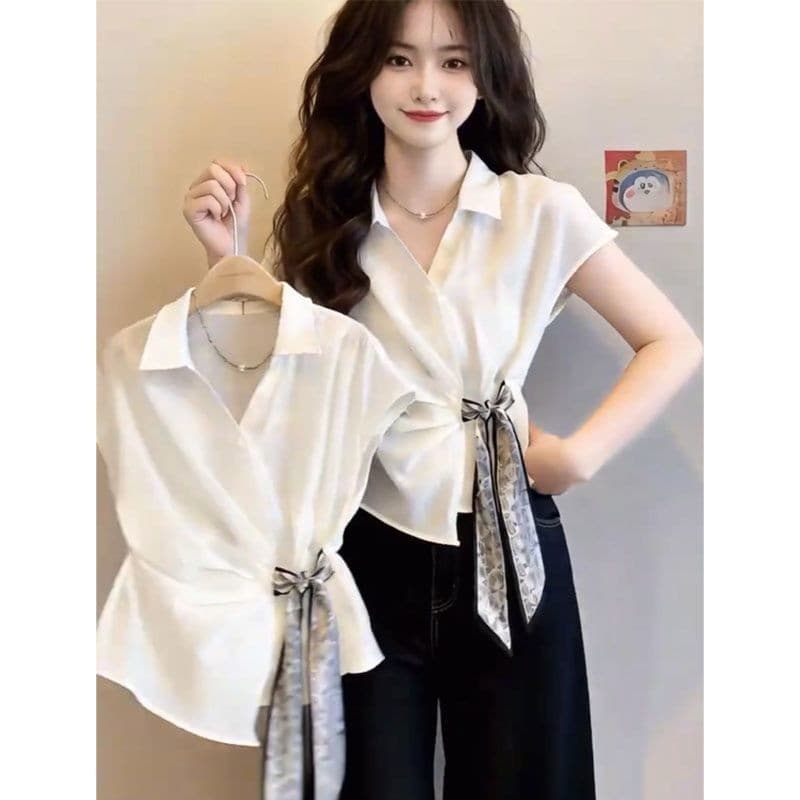 New 2026 Light Luxury Design French Minimalist Summer Commute Fashion Scarf Tie Pleated Blouse for Women