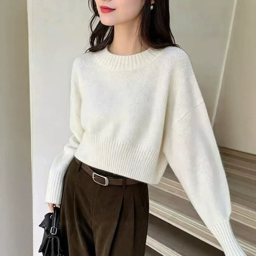 2026 Fall/Winter New Korean Loose Round Neck Knit Sweater Women's Solid Color Pullover Casual Short Top