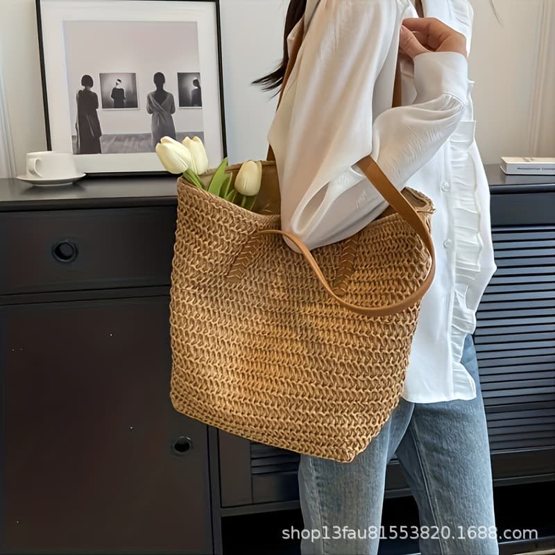 Straw Woven Bag Fashion Versatile Solid Color Sun Hat Travel Large Capacity Beach Bag Underarm Bag Wholesale Cross-border