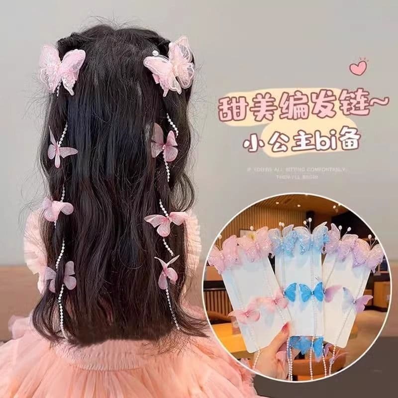 Children's Super Fairy Braided Butterfly Hair Clip, Little Girl Princess Pearl Fringe Chain, Sweet Pair of Hair Clips