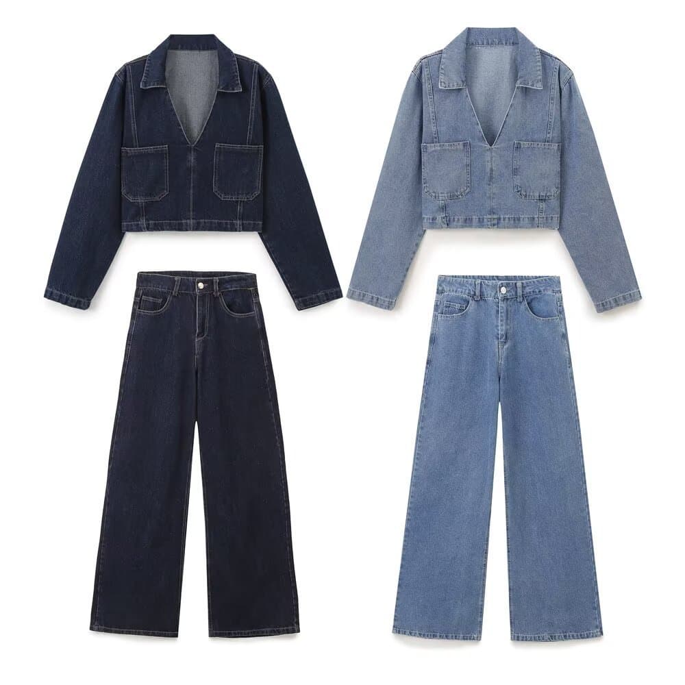 TAOP&ZA women's new autumn high-waisted loose slim retro V-neck shirt high street wide-leg floor-length denim