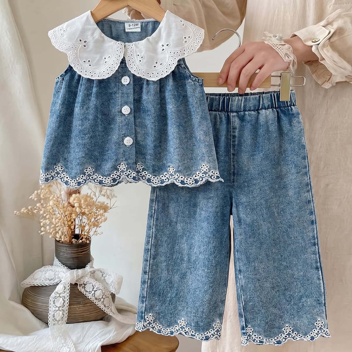 Baby Clothing Kids Set Children Outfit White Collar Blue Top + Long Pants