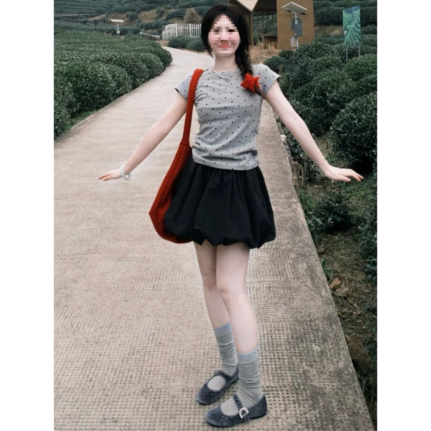 [In Stock + Original Quality] Sweet Summer Gray Polka Dot Short-Sleeved T-Shirt for Women