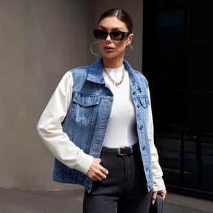 S217 Cross-Border Women's Denim Jacket Amazon AliExpress Hot Selling Patchwork Denim Jacket Source Factory