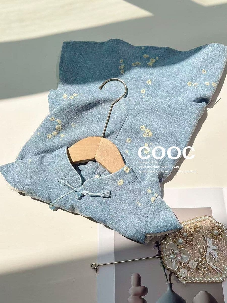 2026 Summer Girls Light Blue Jacquard Cheongsam Little Girl Western Style Chinese Style New Chinese Style Dress Improved National Style