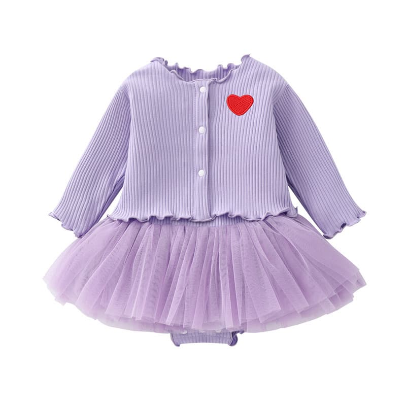Striped Love Mesh Dress, Spring and Autumn Baby Fungus-edged Long-Sleeve Princess Dress, Infant One Year Old Red Dress