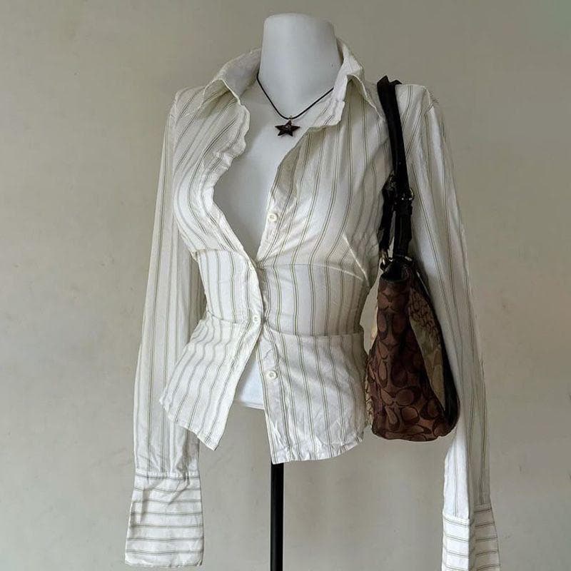 2025 Spring Autumn New Ins Style Fashion Commuter Striped Button Long Sleeve Shirt T-shirt Women