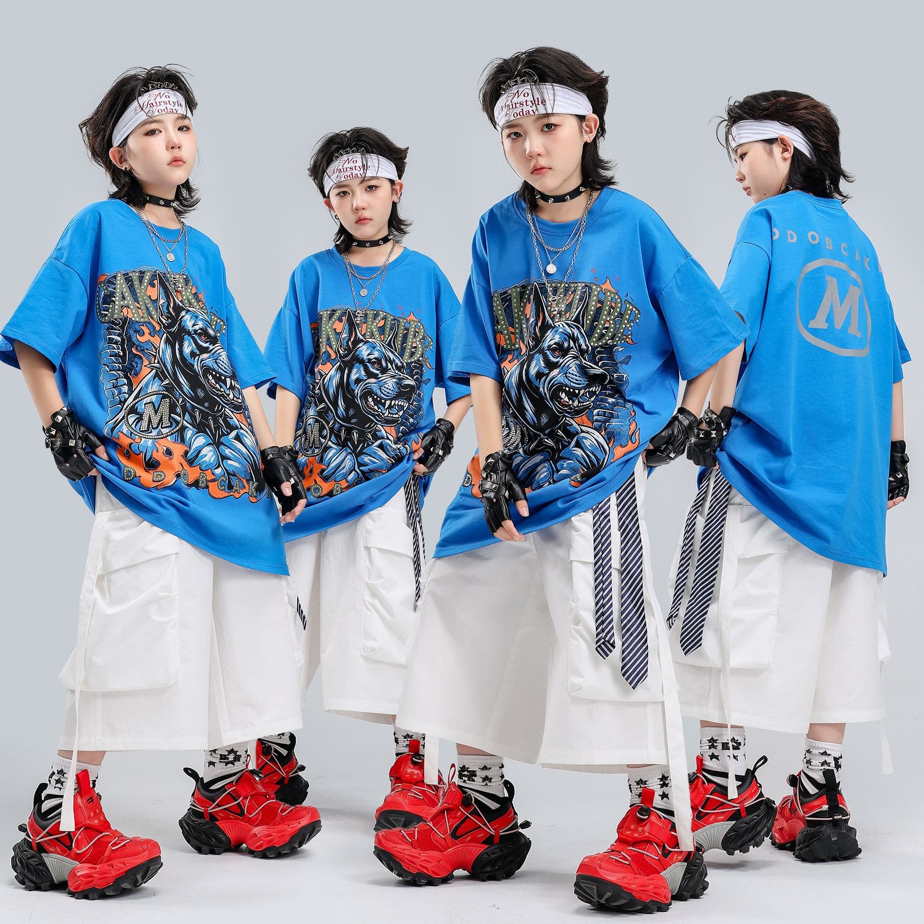 Street dance children's performance clothing blue short-sleeved trendy clothing boys and girls jazz dance children's cool and handsome hiphop dance performance clothing