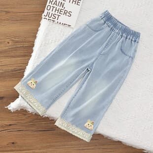 Kids' Girls' Tencel Denim Straight-Leg Pants Summer Children's Wide-Leg Pants Baby Girls' Tencel Washed Soft Denim Pants