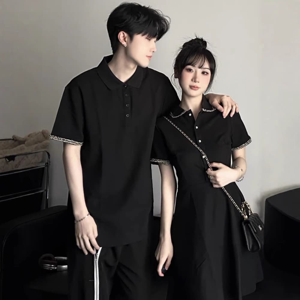 Couple Outfit Set - New Waist-Slimming Little Black Dress with Polo Neck, One Dress and One Top for Men and Women Summer