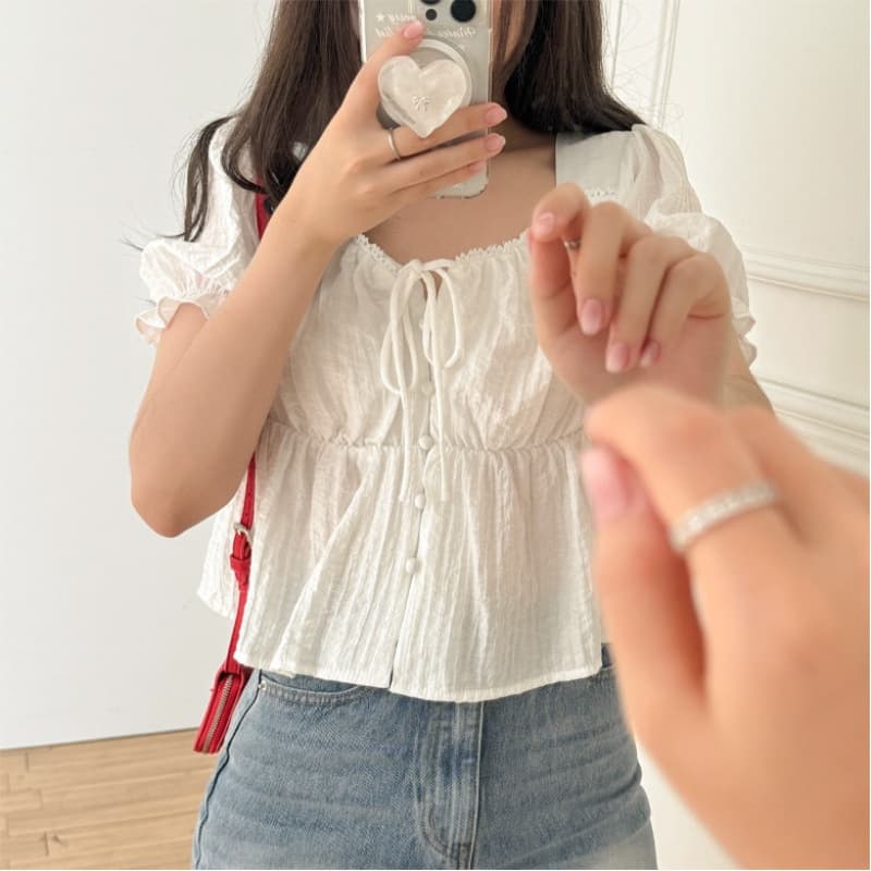 Korean Style Summer New Short-Sleeve Pleated Puff Sleeve Square Neck Tie Design Solid Color Casual Fashionable Short Shirt for Women