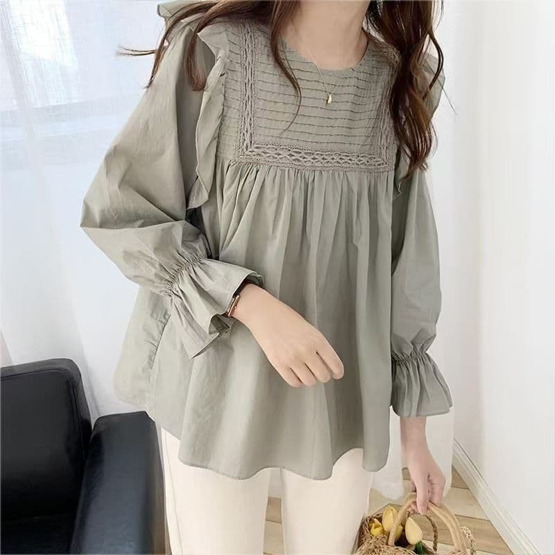 Spring and Summer New Korean Style Ruffled Doll Shirt Plus Size Top for Women Solid Color Versatile Round Neck Pleated Shirt for Women