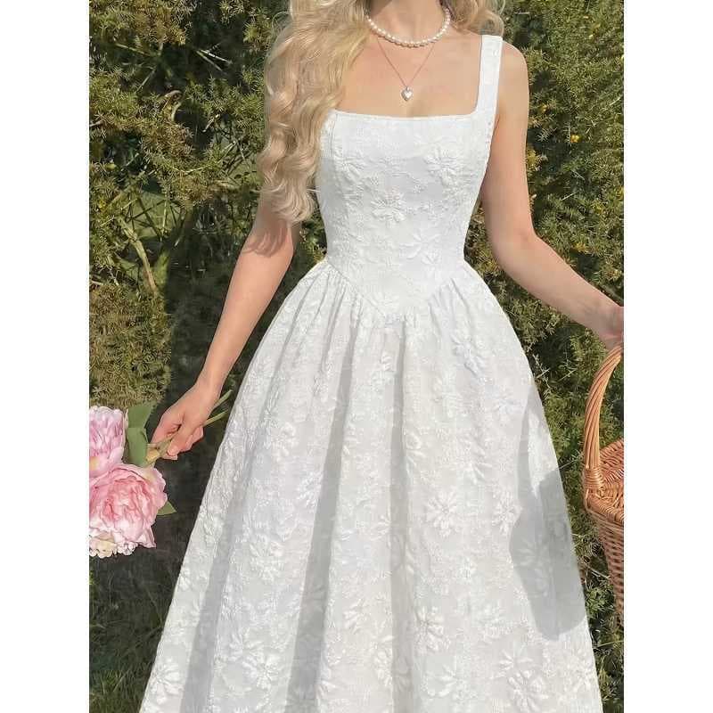 Women's new summer style romantic and elegant solid color jacquard fabric square neck waist sleeveless long dress