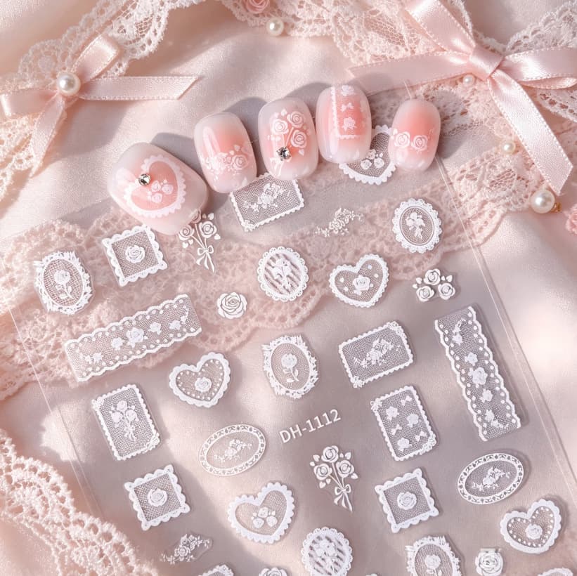 Cross-border bridal lace manicure stickers 3D flat rose love self-adhesive nail stickers wholesale