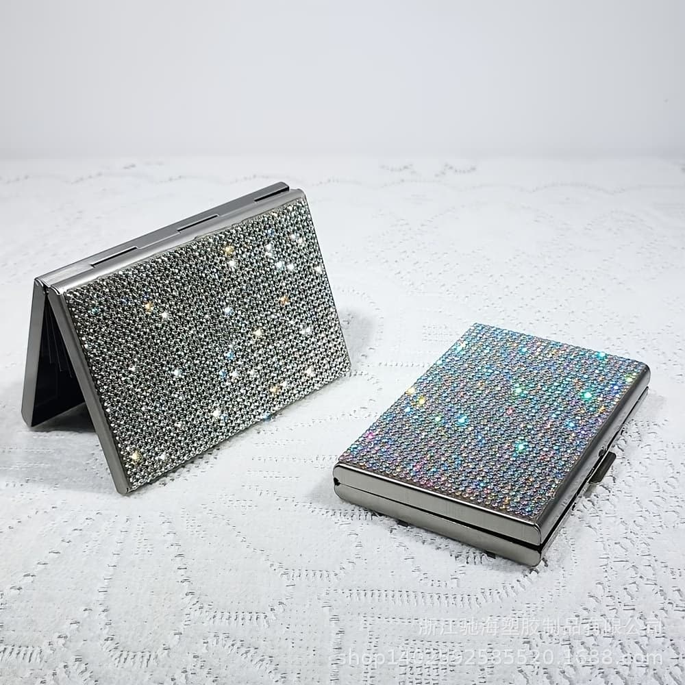 Metal business card box decorated with sparkling diamonds, portable storage with multiple card slots, niche high-end business card holder