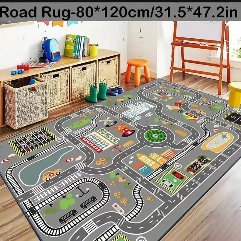 Can Be Used for Dropshipping: Children's Parking Lot Traffic Game Carpet, Car Cartoon Road Track Carpet, Crystal Velvet Lane Floor Mat