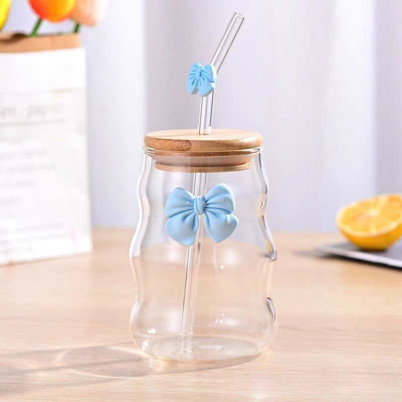 Cloud Bow Straw Cup Iced Americano Latte Coffee Milk Juice Cup Chunky Borosilicate Glass Cup