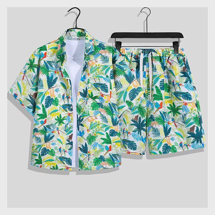 Hawaiian Floral Shirt Beach Set for Men and Women, Summer Vacation Outfit, Sanya Travel Couple Matching Set