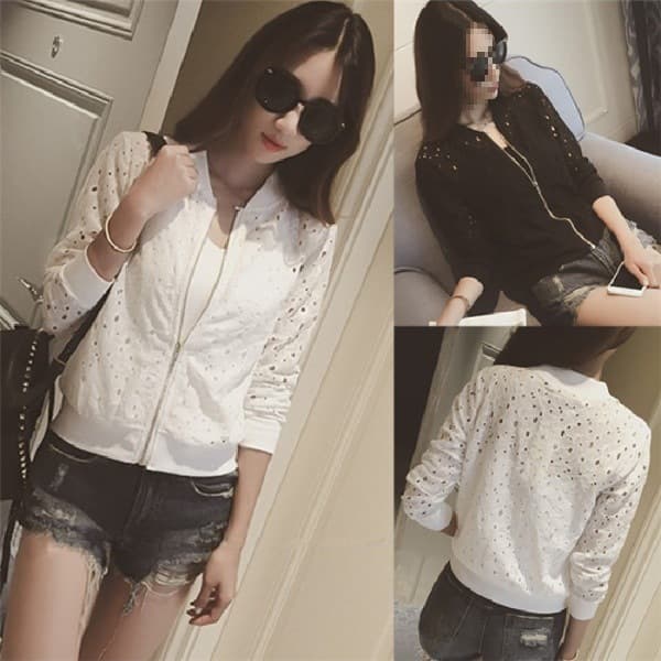 Spring and Summer Long-Sleeve Sun Protection Lace Hollow Out Slim Thin Women's Short Sun Protection Jacket Women's Baseball Jacket Summer