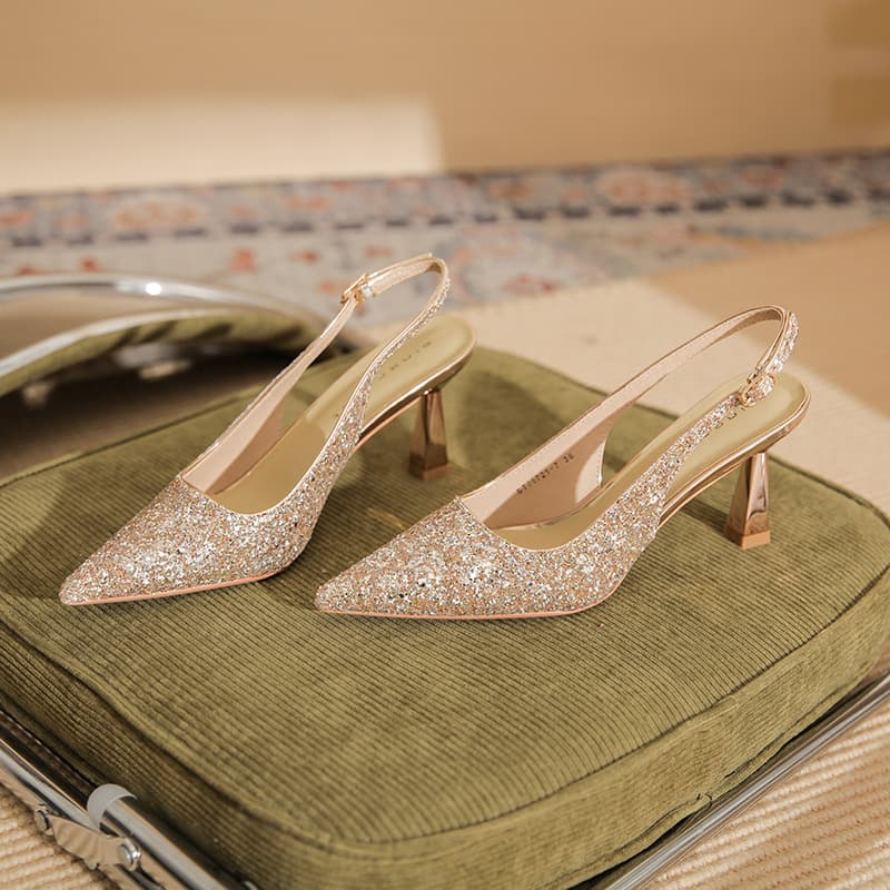 75721 [Sheepskin] High-heeled wedding shoes for women 2026 new pointed toe back hollow sandals French stiletto shoes
