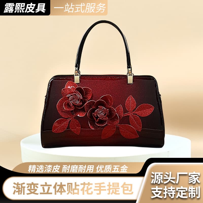 Gradient Color Handmade Three-Dimensional Appliqué Handbag Cross-Border Foreign Trade Single Supply Glossy Patent Leather Shoulder Tote Bag Crossbody