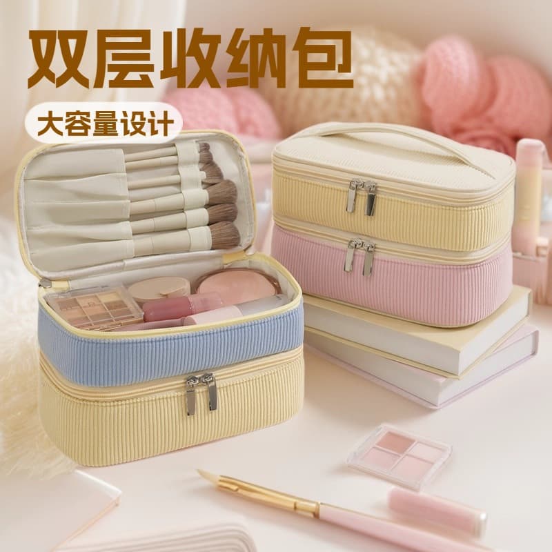 Jinrui Bags Cross-Border New Style Slightly Sweet Corduroy Double-Layer Storage Bag High-Value Double-Layer Makeup Bag Large Capacity