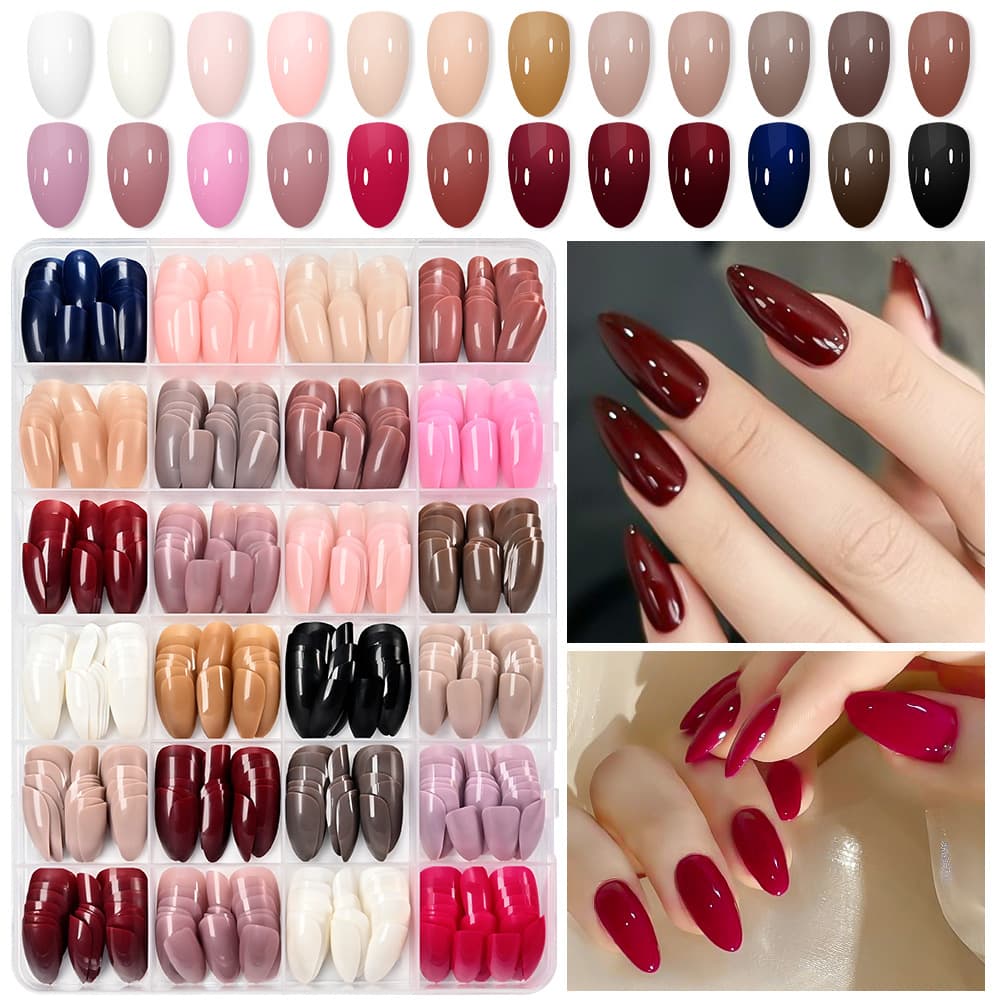 Cross-border 576 Pieces 24 Colors Glossy Wearable Short Almond Nails Press On Nails Solid Color Removable DIY Fake Nail Tips