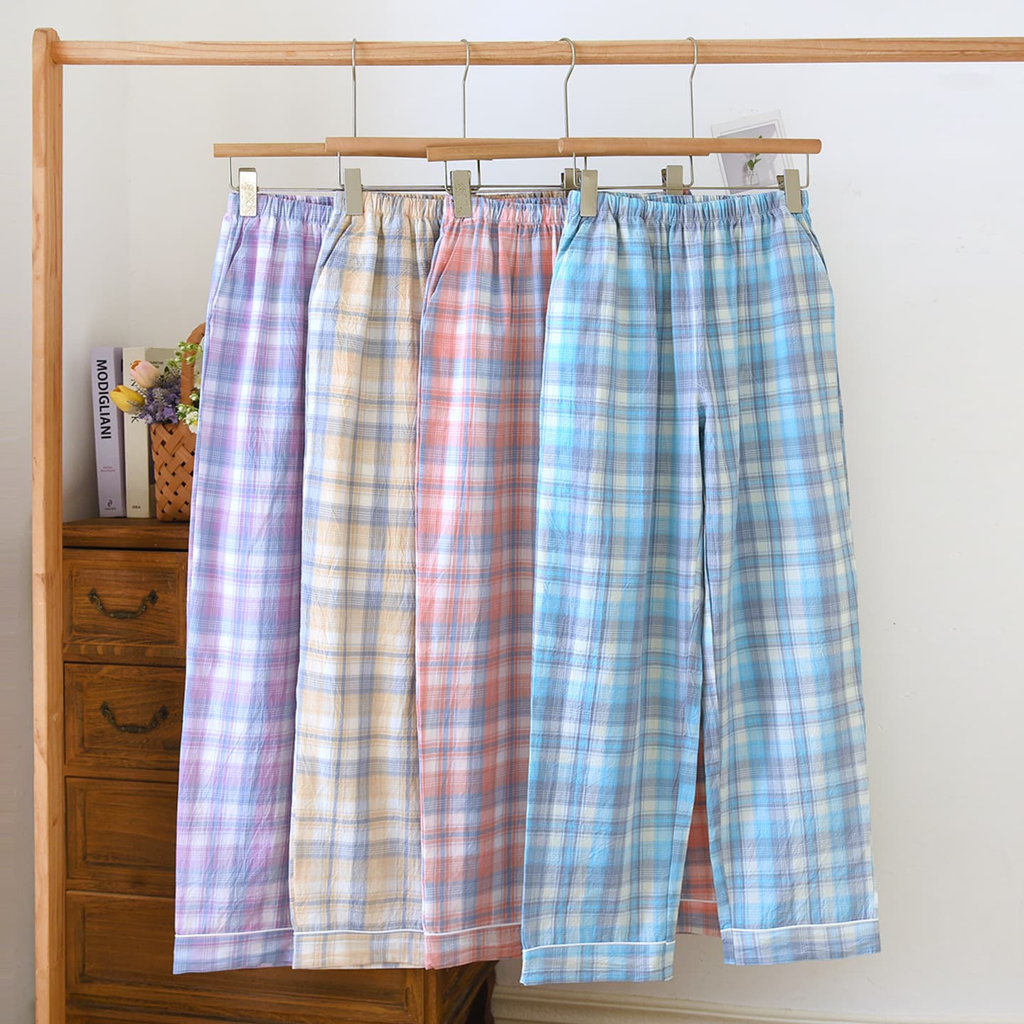 Japanese Style Checkered Wide Leg Pants for Women, 2026 Spring/Summer New High Waist Loose Casual Pure Cotton Sleep Pants, Straight Leg Loungewear Long Pants