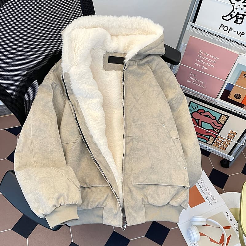 Winter Fleece-Lined Thick Hooded Cotton Jacket for Men, Vintage American High-Street Retro Youth Sports Warm Streetwear Coat